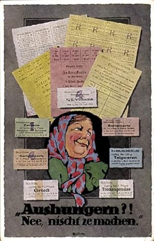 Ansichtskarte / Postkarte Alte Frau mit Kopftuch, Propaganda, Aushungern? Nee, nischt ze machen, ...