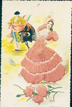 Seidenstick Künstler Ansichtskarte / Postkarte Iraola, Tanzende Frau, Spanische Tracht, Torero