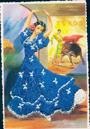 Seidenstick Künstler Ansichtskarte / Postkarte Tanzende Frau, Spanische Tracht, Torero, Stierkampf