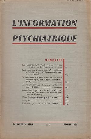 Image du vendeur pour L'Information Psychiatrique n 2 fvrier 1958 mis en vente par LIBRAIRIE PIMLICO