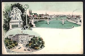 Lithographie Basel, Parc Hotel Bernerhof, Denkmal und Gesamtansicht mit Brücke