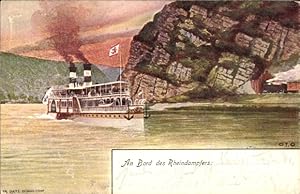 Künstler Ansichtskarte / Postkarte Rheindampfer auf dem Fluss, Loreley-Felsen