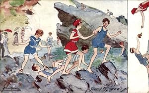 Künstler Ansichtskarte / Postkarte Thackeray, Lance, Personen in Badeanzügen auf Felsen am Meer -...