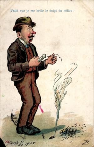 Künstler Ansichtskarte / Postkarte Mann hat sich an der Zigarre den Finger verbrannt, Frauenfigur...