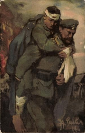 Künstler Ansichtskarte / Postkarte Sailer, Verletzter Soldat wird von Kameraden getragen, I. WK, ...