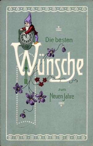 Ansichtskarte / Postkarte Glückwunsch Neujahr, Zwerg stellt die Uhrzeit ein, Blumen, Uhr