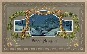 Präge Passepartout Ansichtskarte / Postkarte Glückwunsch Neujahr, Glücksklee, Brücke