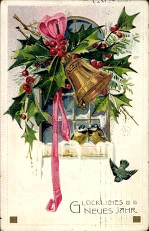 Präge Ansichtskarte / Postkarte Glückwunsch Neujahr, Stechpalme, Glocke, Meisen