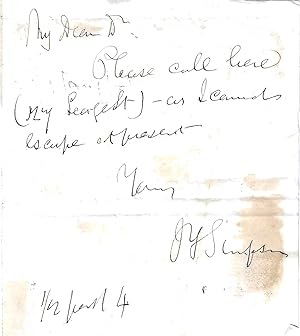 Bild des Verkufers fr [James Young Simpson; chloroform as anaesthetic] Autograph Note Signed "J Y Simpson" to unnnamed [medical] correspondent ("Dear Dr.") about meeting. zum Verkauf von Richard M. Ford Ltd