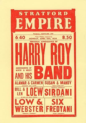 Harry Roy & His Jazz Band Live in WW2 Stratford Empire Poster Postcard