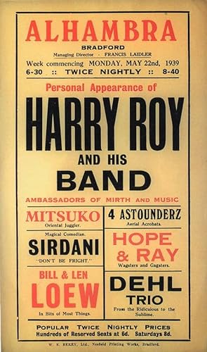 Harry Roy Jazz Band at Alhambra Theatre Bradford Poster Postcard