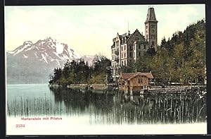 Künstler-Ansichtskarte Hertenstein, Villa am Seeufer mit Blick auf Pilatus