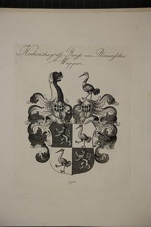 Hochreichsgräfl. Reuss von Plauensches Wappen. Kupferstich aus dem Wappenwerk von Tyroff, unten d...