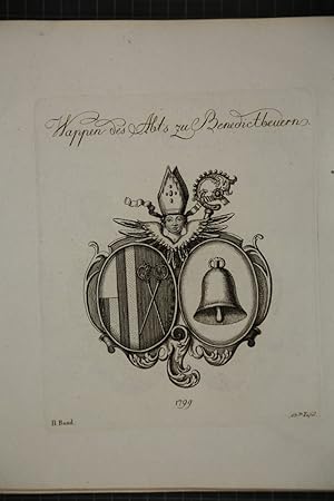 Wappen des Abts zu Benedictbeuern. Kupferstich aus dem Wappenwerk von Tyroff, unten datiert: