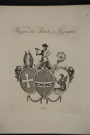 Wappen des Probsts zu Heydenfeld. Kupferstich aus dem Wappenwerk von Tyroff, unten datiert: