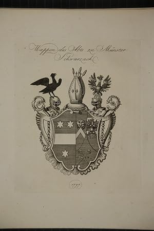 Wappen des Abts zu Münster Schwarzach. Kupferstich aus dem Wappenwerk von Tyroff, unten datiert: