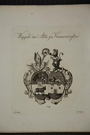 Wappen des Abts zu Kremsmünster. Kupferstich aus dem Wappenwerk von Tyroff, unten datiert: