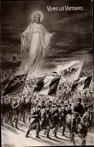 Künstler Ansichtskarte / Postkarte Towards Victory, Jesus wacht über die Truppen der Alliierten, ...