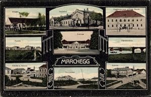 Bild des Verkufers fr Ansichtskarte / Postkarte Marchegg in Niedersterreich, Fabrik, Bahnhof, Schloss, Gasthaus zum grnen Baum zum Verkauf von akpool GmbH