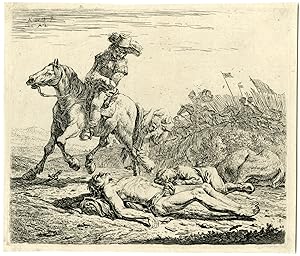 Antique Master Print-BATTLEFIELD-RIDER-HORSEBACK-DEAD-MEN-Dujardin-1652