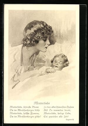 Ansichtskarte Junge Frau bei ihrem Kind am Bett, Mutterglück