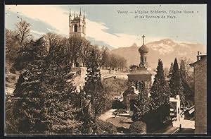 Ansichtskarte Vevey, L`Eglise St-Martin, l`Eglise Russe et les Rochers de Naye