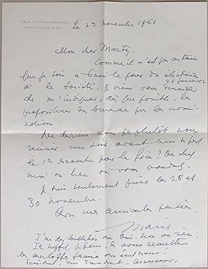 Lettre autographe signée à Pierre Marty