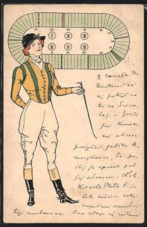 Ansichtskarte Weiblicher Jockey, Pferderennbahn, Brettspiel