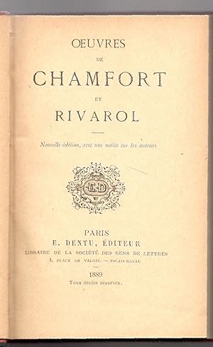 Immagine del venditore per Oeuvres de Chamfort et Rivarol. Nouvelle dition, avec une notice sur les auteurs venduto da Libreria antiquaria Atlantis (ALAI-ILAB)