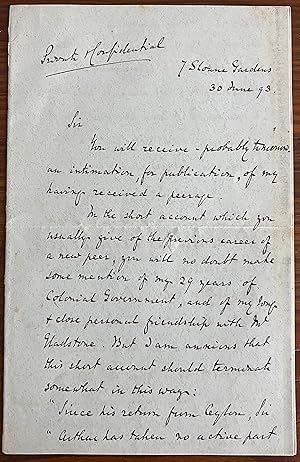 1893 Detailed Manuscript Letter of British Liberal Arthur Charles Hamilton-Gordon, 1st Baron Stan...