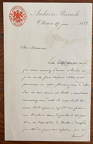 1888 Canadian-Themed Manuscript Letter by French Canadian Novelist and Historian, Joseph-Etienne-...