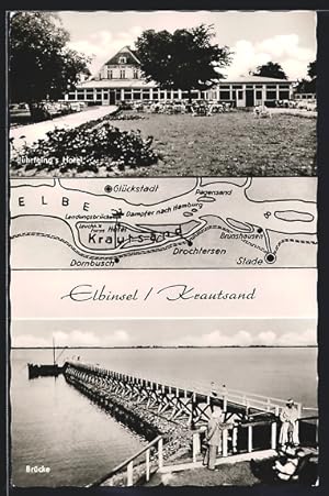 Ansichtskarte Krautsand, Buhrfeind's Hotel und Brücke, Ortskarte