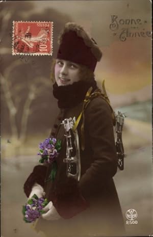 Ansichtskarte / Postkarte Glückwunsch Neujahr, Junge Frau, Schlittschuhe