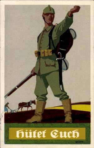 Künstler Ansichtskarte / Postkarte Hütet euch, Deutscher Soldat, I. WK, Pflügender Bauer