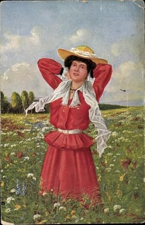 Künstler Ansichtskarte / Postkarte Schilling, F., Frau in rotem Kleid auf Blumenwiese