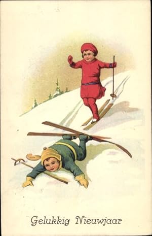 Ansichtskarte / Postkarte Glückwunsch Neujahr, Skifahrer ist gestürzt