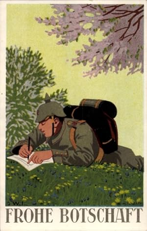 Künstler Ansichtskarte / Postkarte Frohe Botschaft, Soldat schreibt einen Brief, Rotes Kreuz Fran...