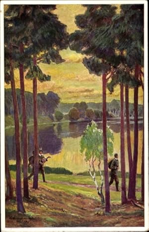 Künstler Ansichtskarte / Postkarte Wanderer, Wald, See, Still ruht der See, die Vöglein schlafen