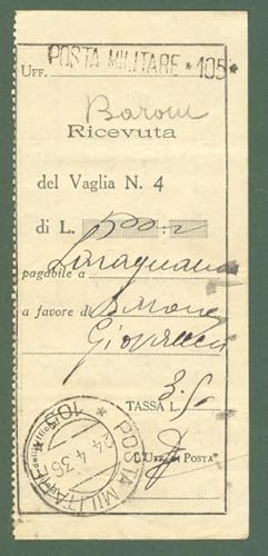 Storia postale Regno. GUERRA D'AFRICA. POSTA MILITARE 105.su ricevuta di vaglia del 24.4.1936