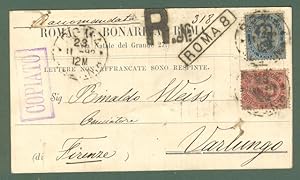 Storia postale. REGNO ITALIA. cartolina commerciale raccomandata del 23.11.1892 da Roma a Firenze.