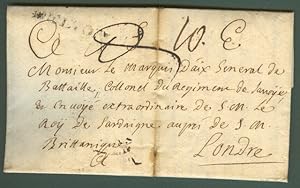 Prefilatelia. PIEMONTE. Lettera del 17 aprile 1728 da Torino per Londra indirizzata al marchese d...