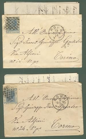 ANNULLO A PUNTI SARDO. Due lettere da Roma per Torino del 2 e 12 Gennaio 1871