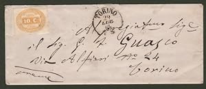 REGNO. Lettera del 29.7.1864 interna a Torino. Applicato segnatasse cent. 10 giallo (Sassone n. 1).