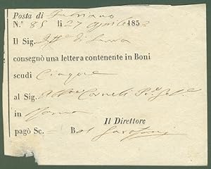 Prefilatelia. MARCHE. Ricevuta della posta di Fabriano (Ancona) del 27.6.1858.