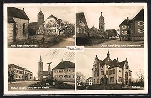 Ansichtskarte Denzlingen, Robert Wagner-Platz mit evang. Kirche, Rathaus, Strasse mit Storchenturm