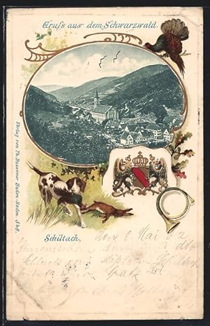 Passepartout-Lithographie Schiltach /Schwarzwald, Ortsansicht mit Kirche, Wappen, Jagdhund mit Beute
