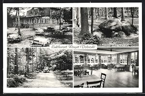 Ansichtskarte Wingst /Dobrock, Gasthaus Zur Königstanne mit Terrasse und Veranda, Hünengrab im Wald