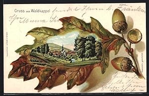 Passepartout-Lithographie Waldkappel, Gesamtansicht im geprägten Eichenblatt