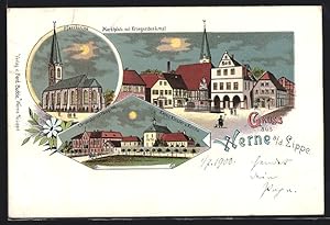 Mondschein-Lithographie Werne a. d. Lippe, Marktplatz mit Kriegerdenkmal, Christophorus-Hospital,...