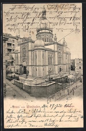 Ansichtskarte Wiesbaden, Synagoge im Sonnenschein